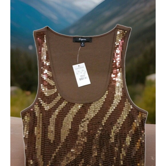 Express Sequin Scoop Neck Tank  Top Women Brown Size Medium New With Tags - Picture 2 of 4
